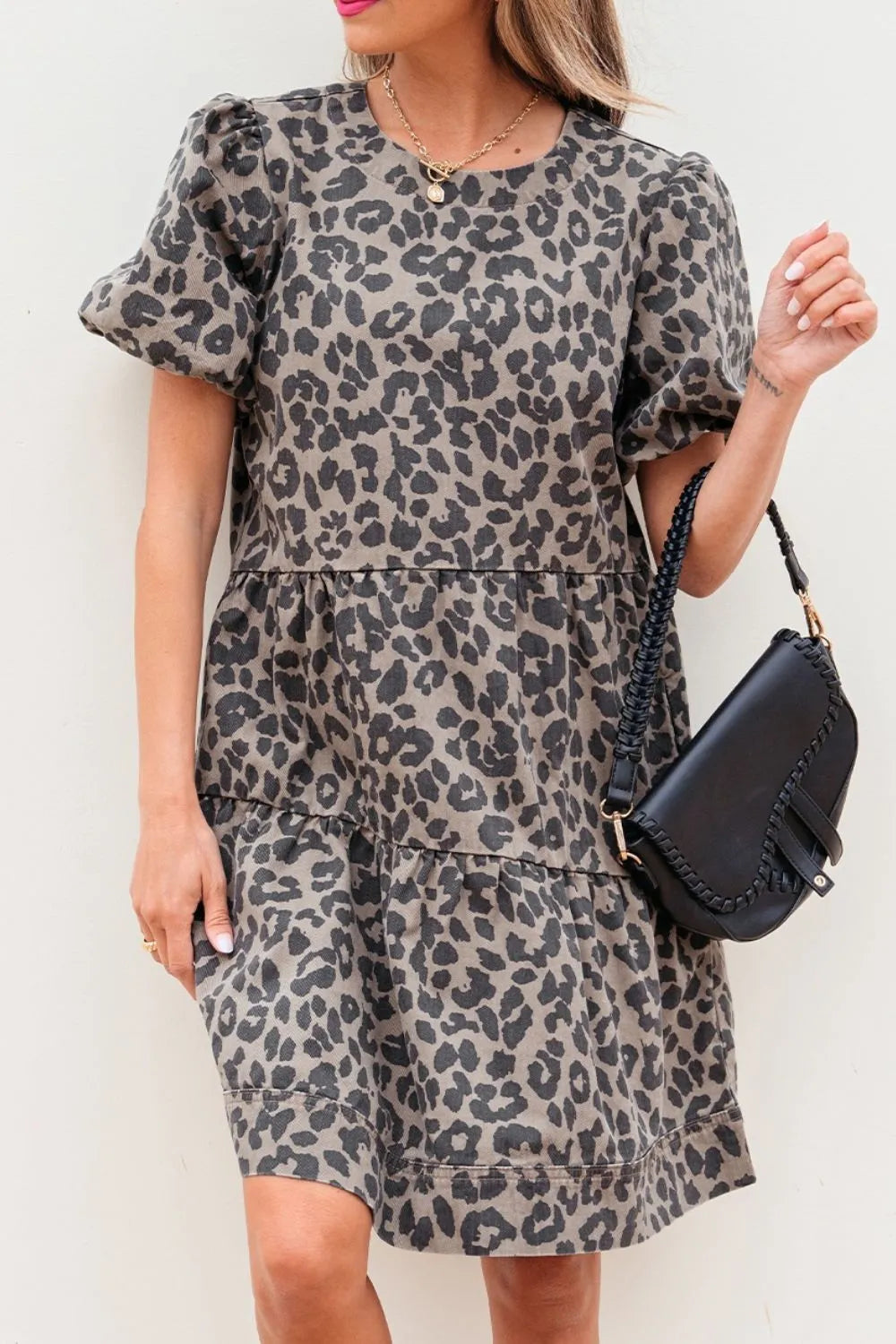 Leopard Round Neck Puff Sleeve Denim Dress