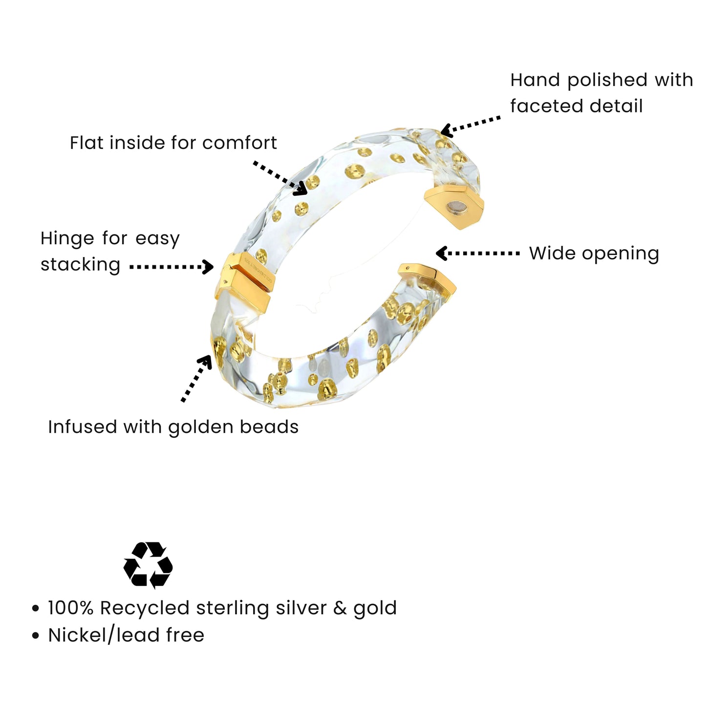 Thin Clear Faceted Lucite Bangle with Gold Beads