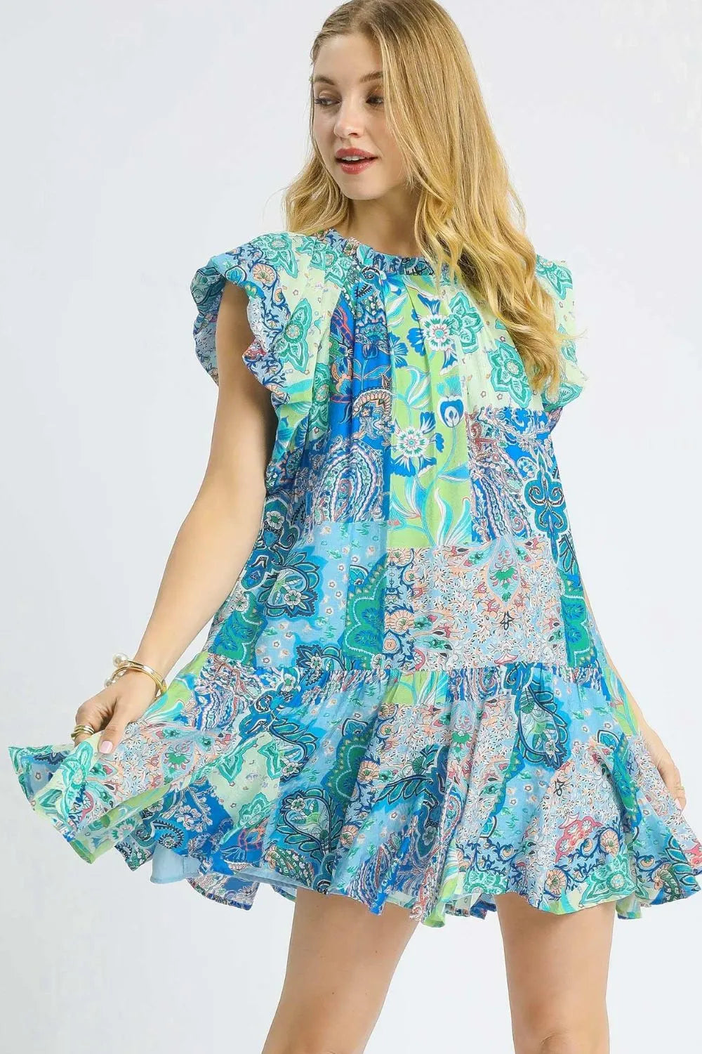 Printed Ruffle Cap Sleeve Mini Dress