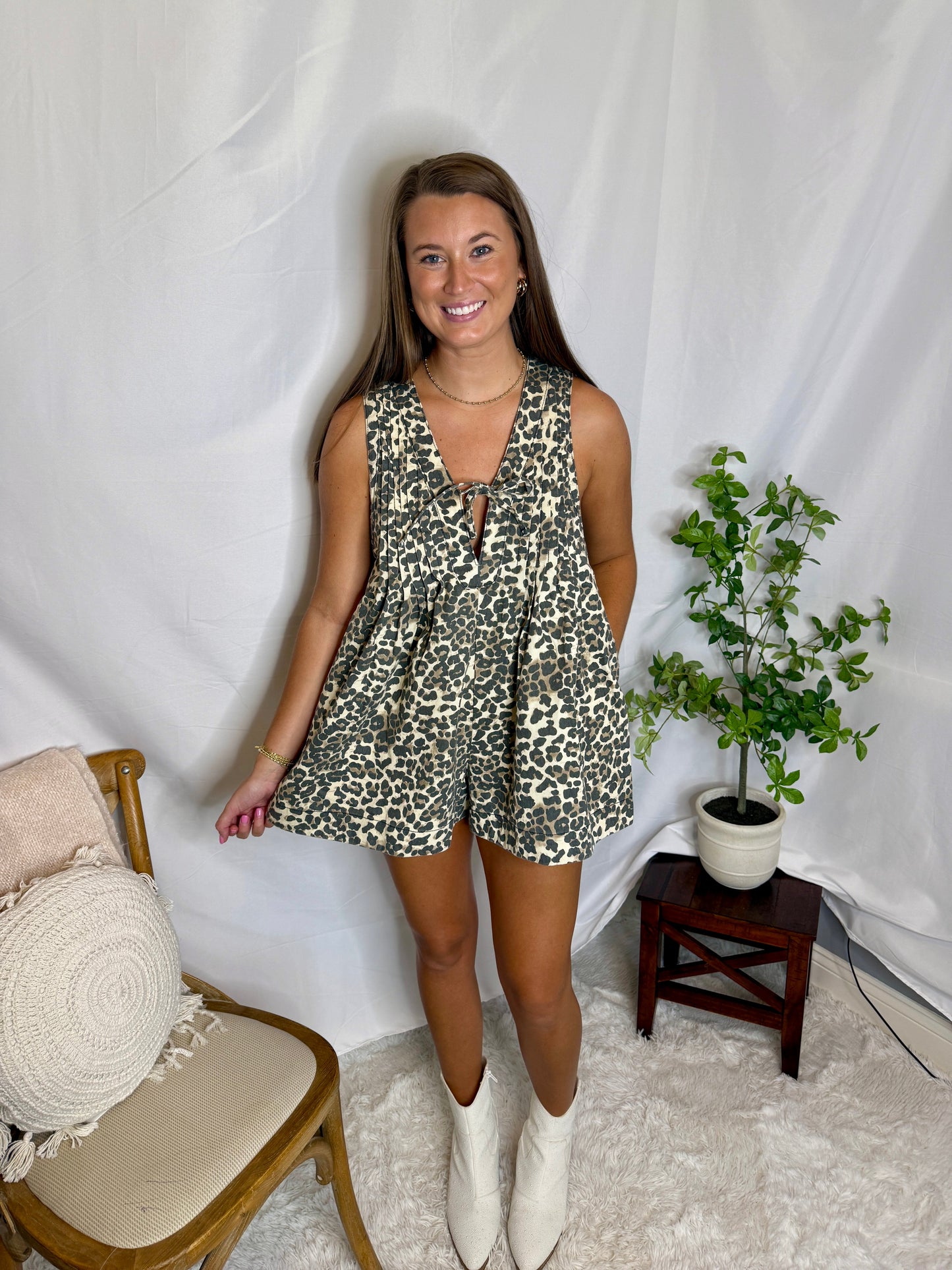 Trendy Denim Romper- Leopard