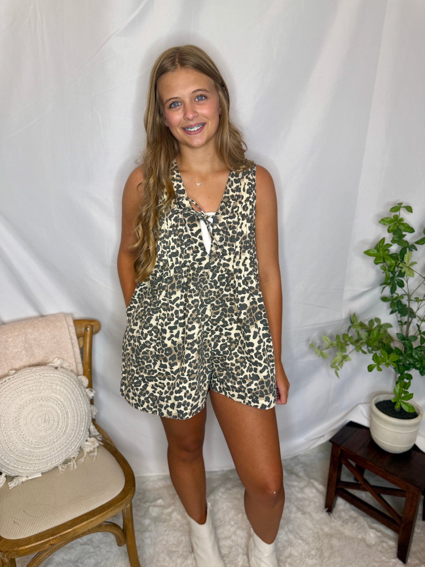 Trendy Denim Romper- Leopard
