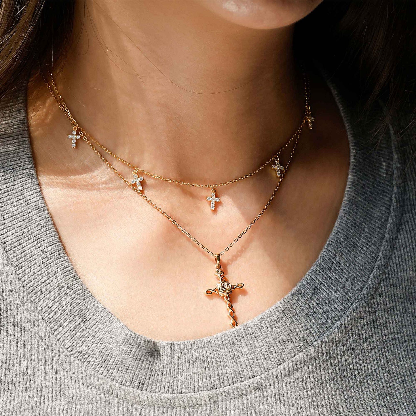Floral Cross June Rose Birth Flower Necklace