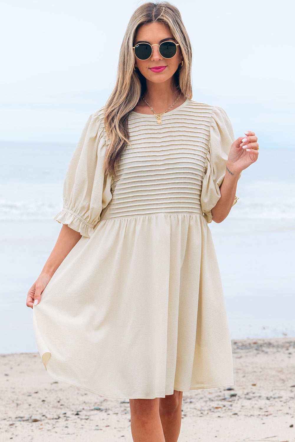 Dania Textured Ruffled Puff Sleeve Loose Dress