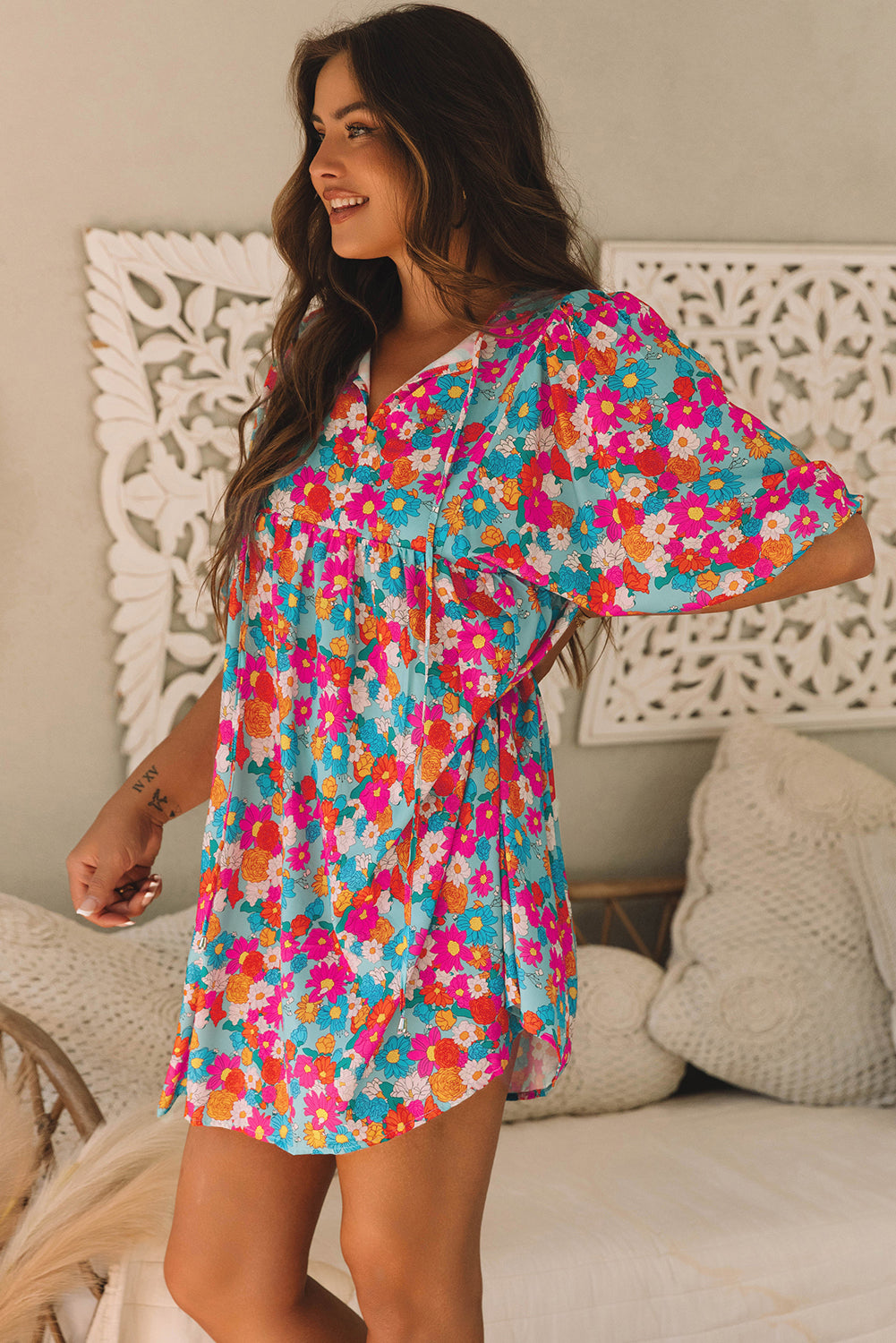 Lena Floral Bubble Sleeve Babydoll Dress - Romantic Sky Blue Mini Dress with Puff Sleeves