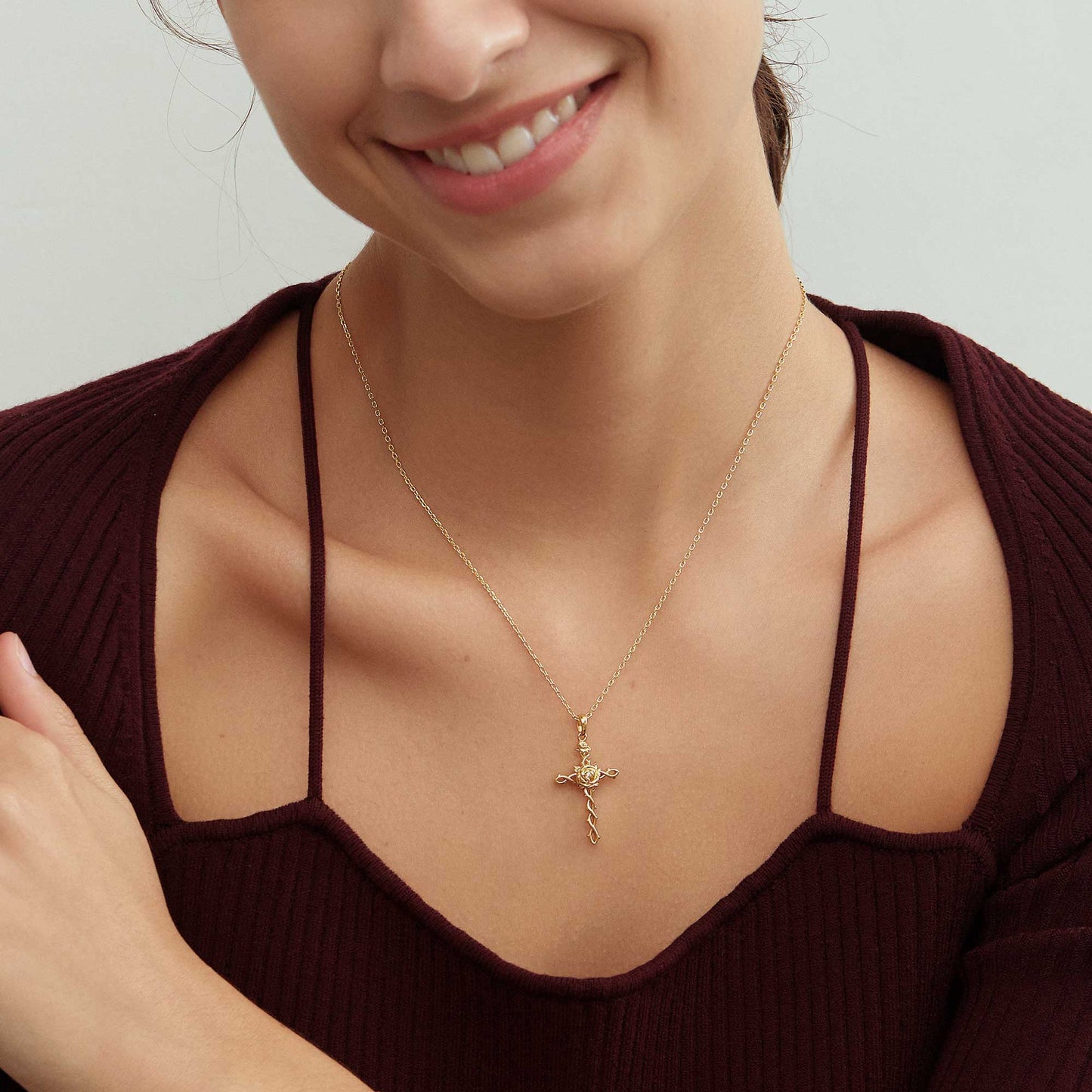 Floral Cross June Rose Birth Flower Necklace
