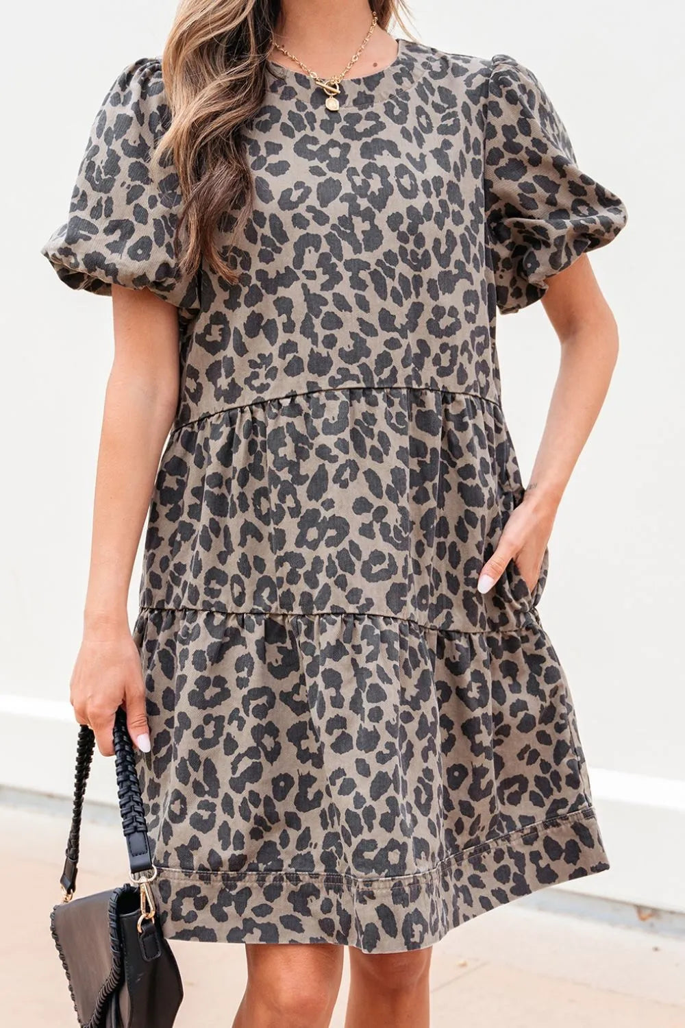 Leopard Round Neck Puff Sleeve Denim Dress