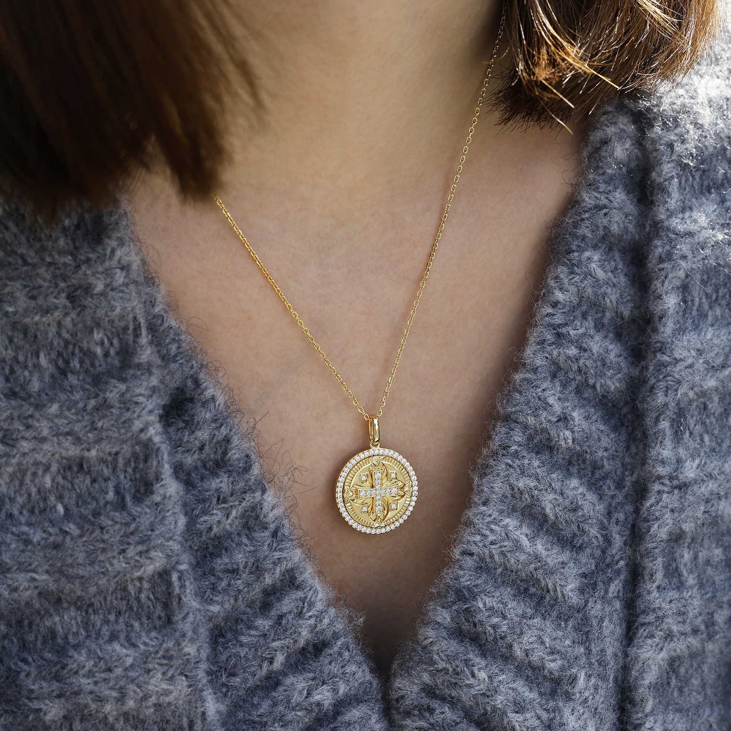 Divine Radiance Cross Protection Prayer Medallion Pendant Necklace