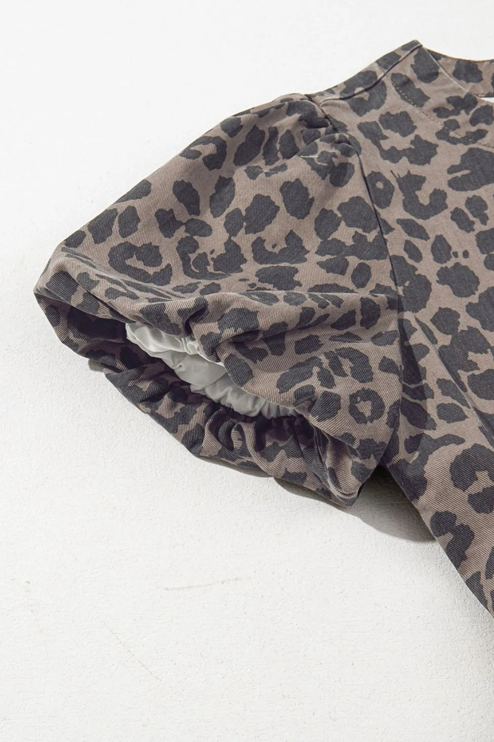 Leopard Round Neck Puff Sleeve Denim Dress