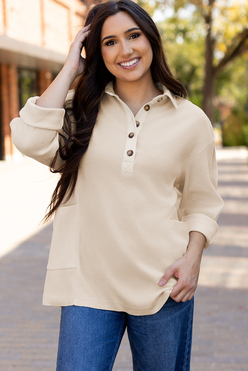 Arianna Waffle Half Button Top.
