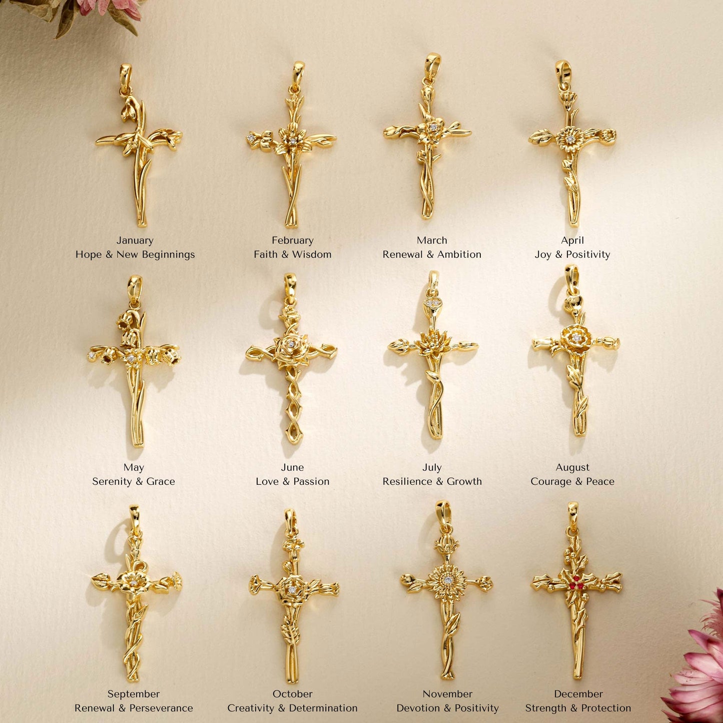Floral Cross February Iris Birth Flower Necklace