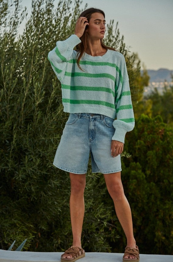 Knit Sweater Striped Crewneck Long Sleeve Top