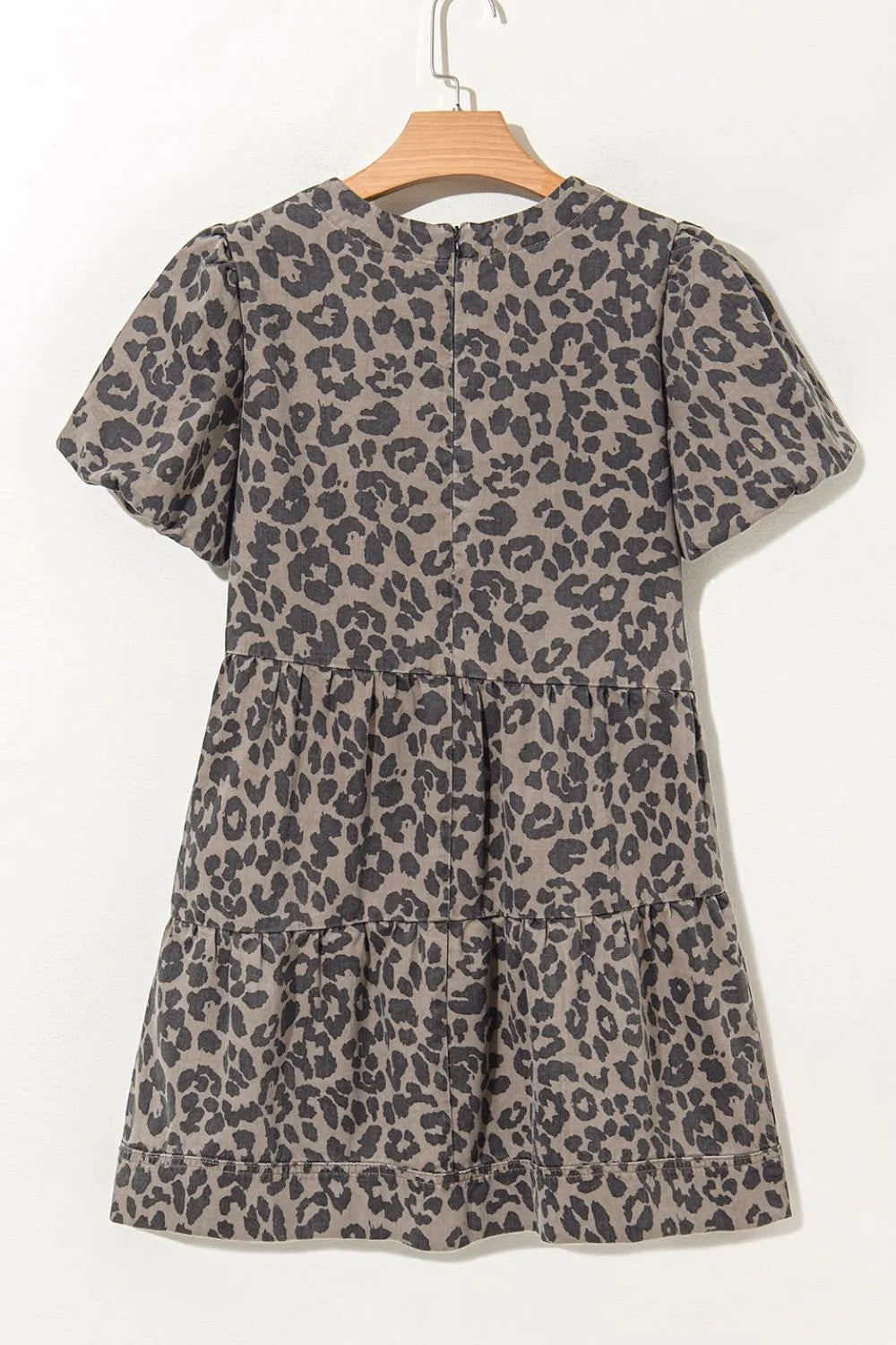 Leopard Round Neck Puff Sleeve Denim Dress