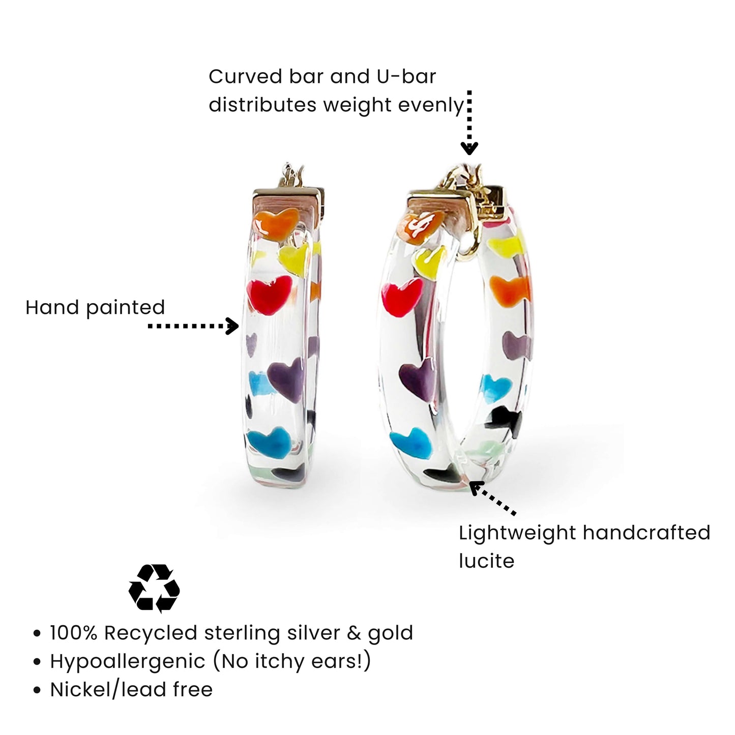 Flat Lucite Hoop Earrings with Rainbow Hearts