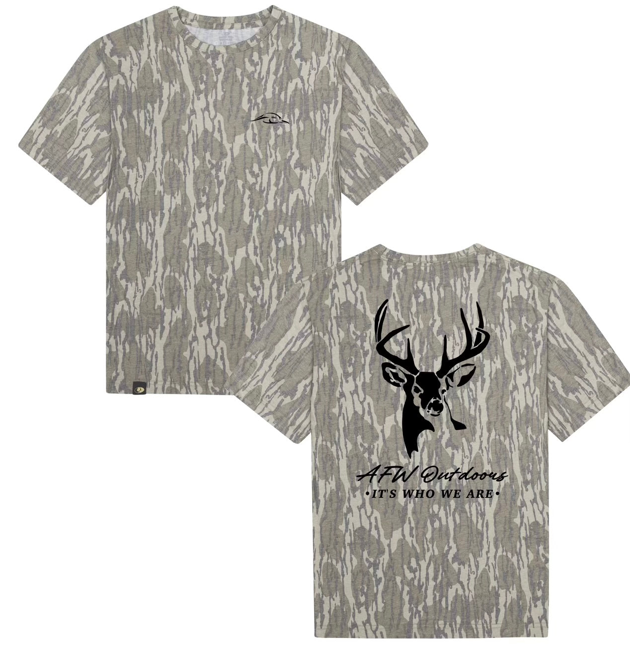 Camouflage t-shirt with deer graphic and text on a white background