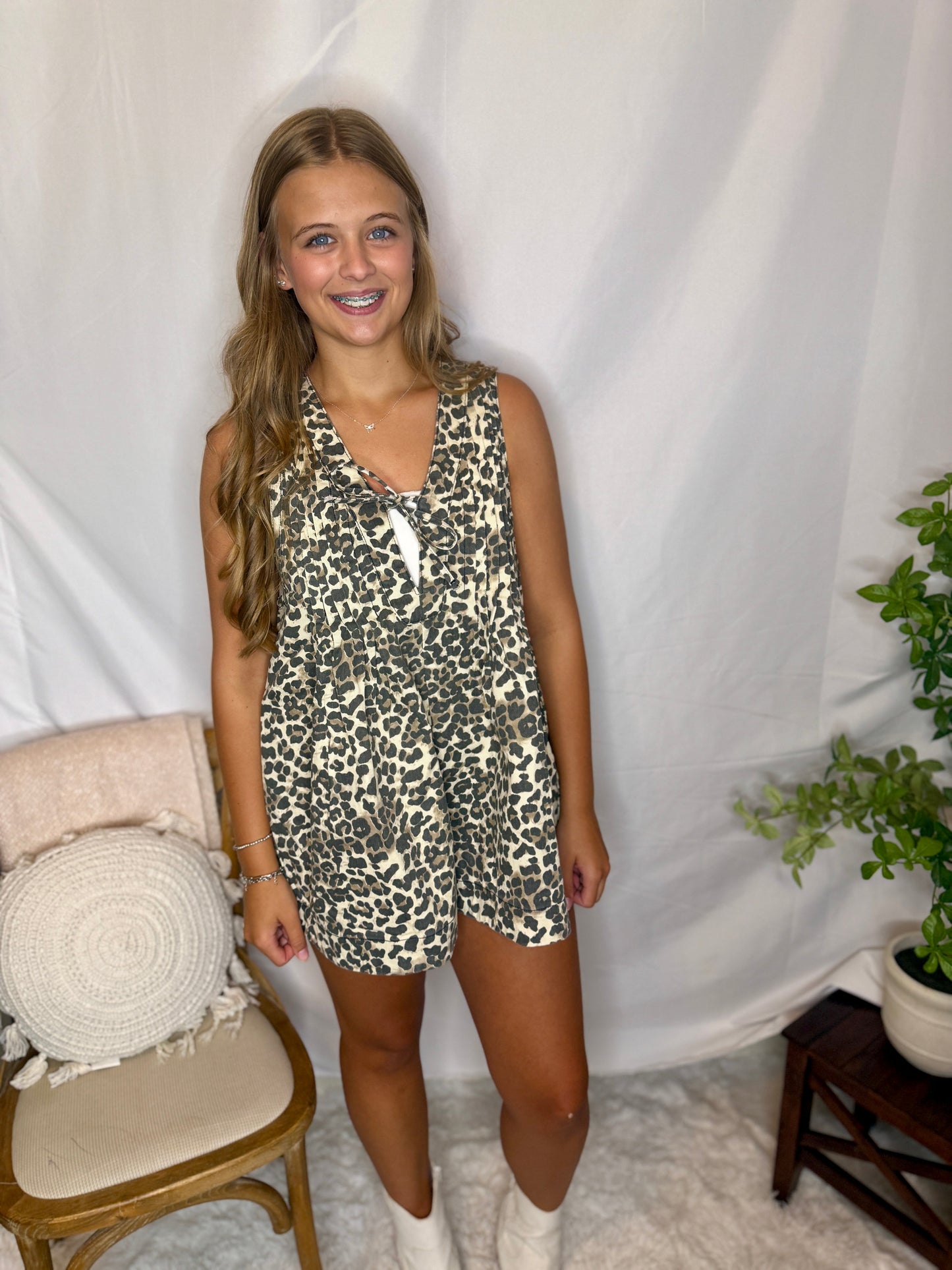 Trendy Denim Romper- Leopard