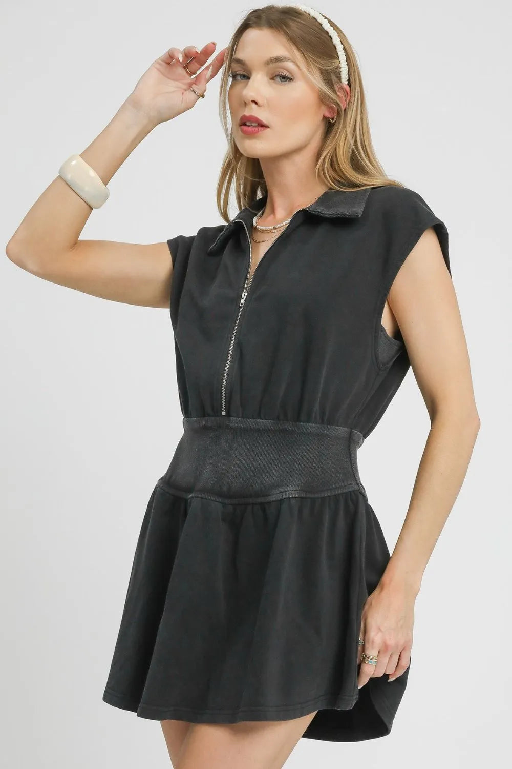 Zip-Front Mini Dress with Tiered Ruffle Skirt - Cotton Blend Cap Sleeve Dress with Elastic Waist Pic 2