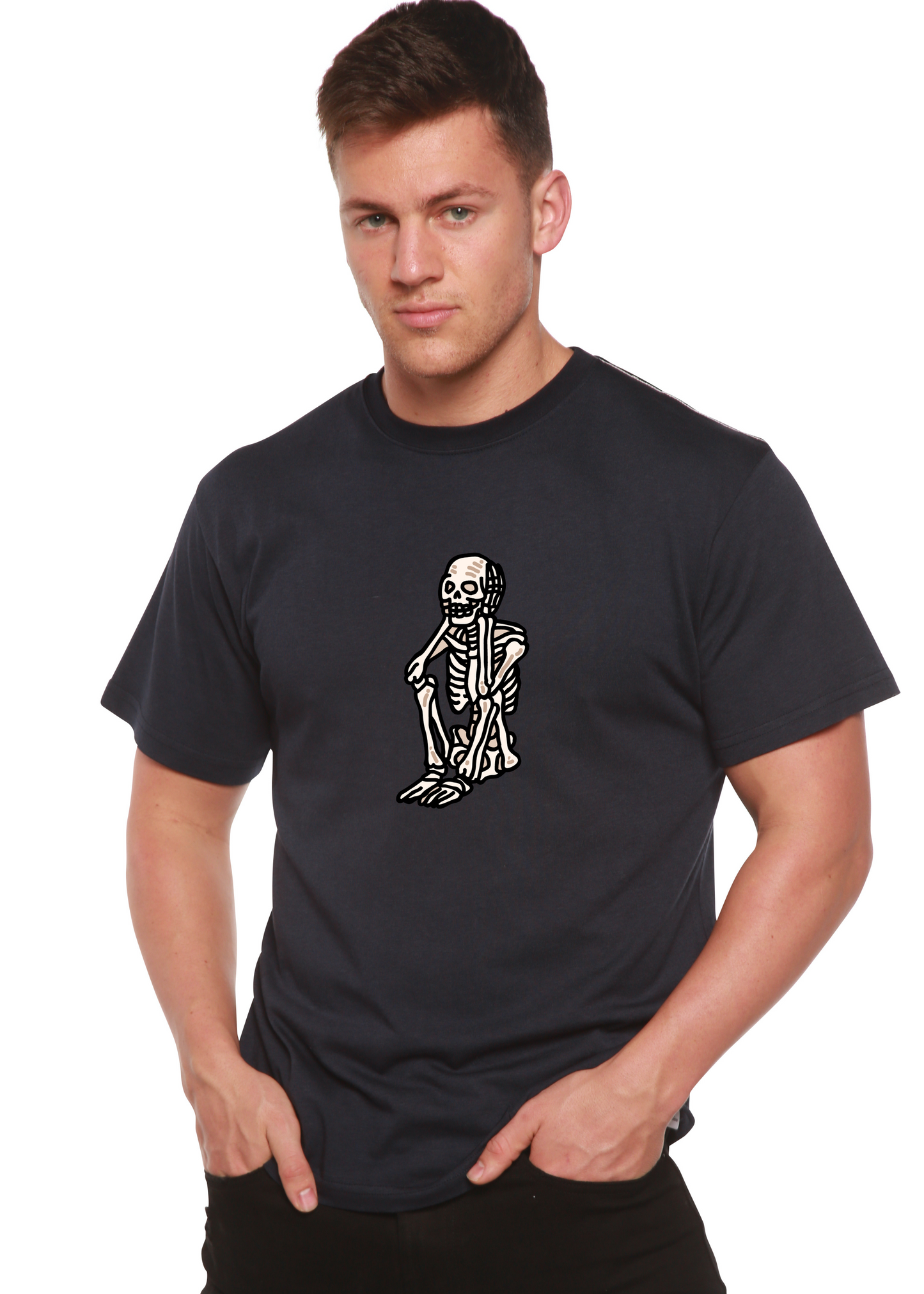 Sad Skeleton Halloween Unisex Bamboo Viscose/Organic Cotton Short Sleeve Graphic T-Shirt