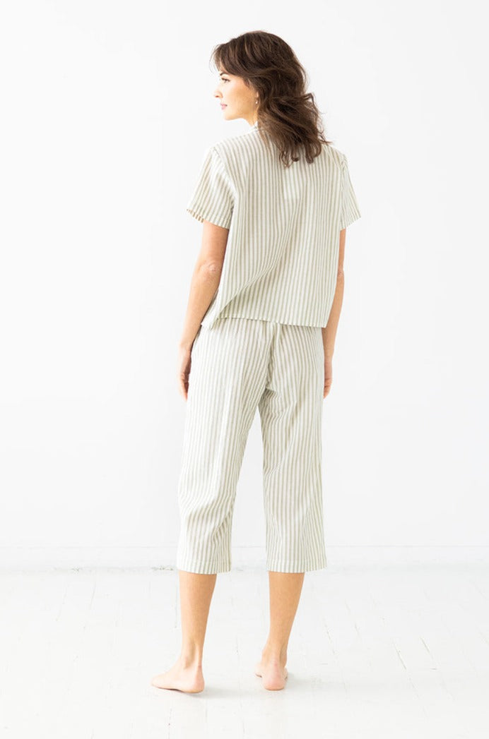 Cropped Button Down-High Waisted Striped Capri