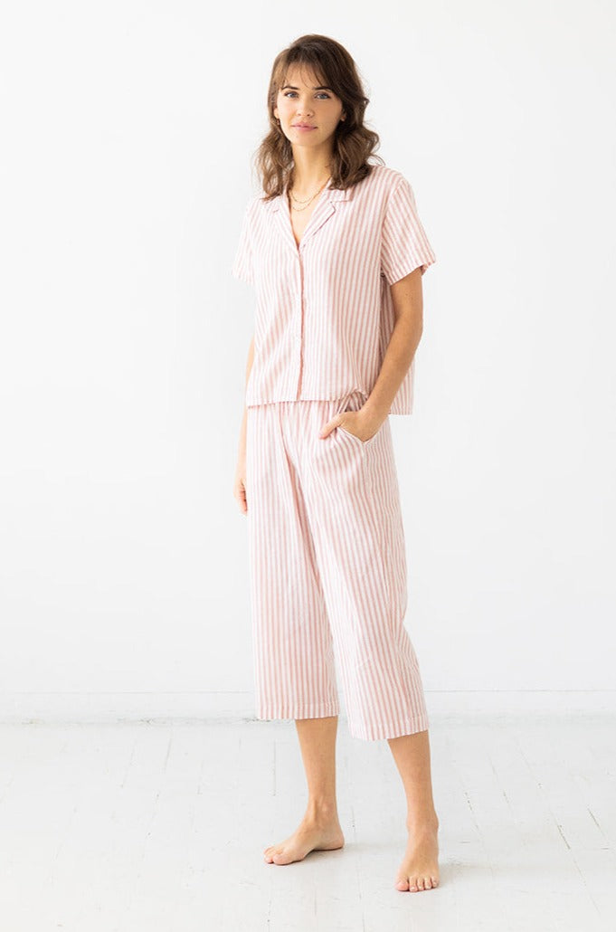Cropped Button Down-High Waisted Striped Capri