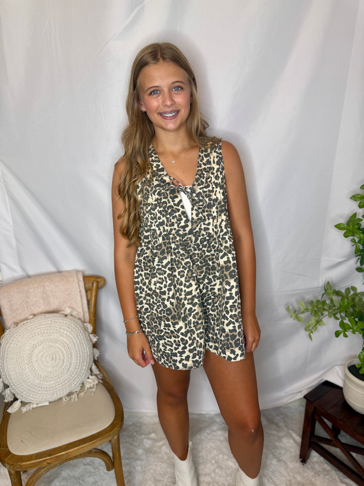 Trendy Denim Romper- Leopard
