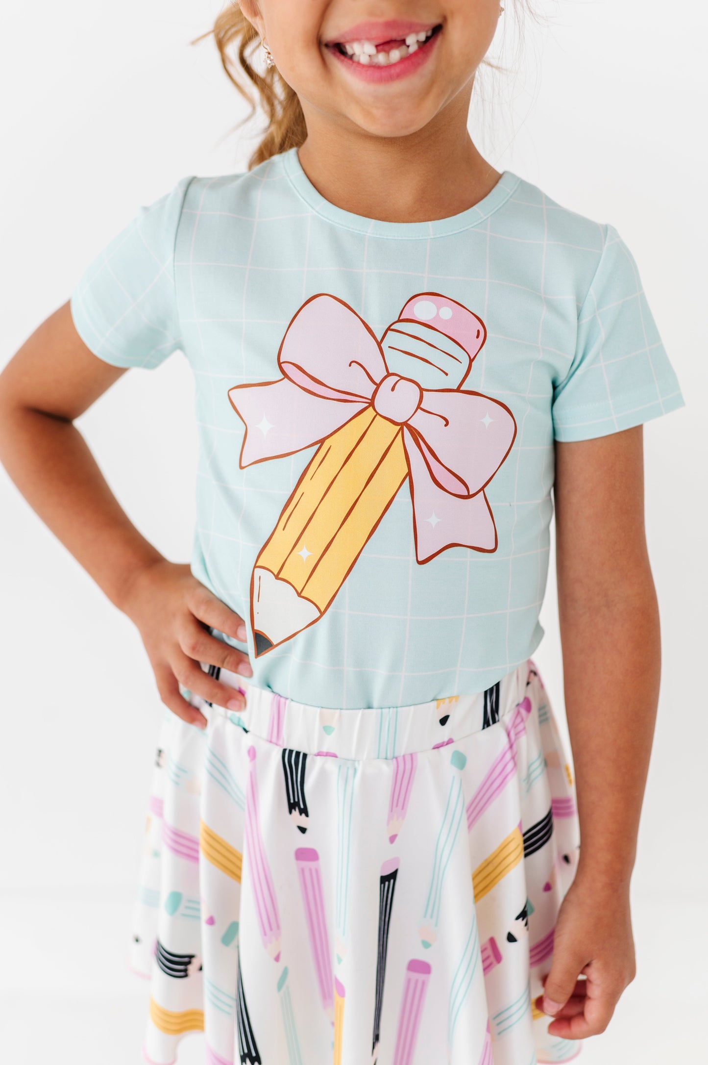 Bow Pencil Gridded Mint Tee