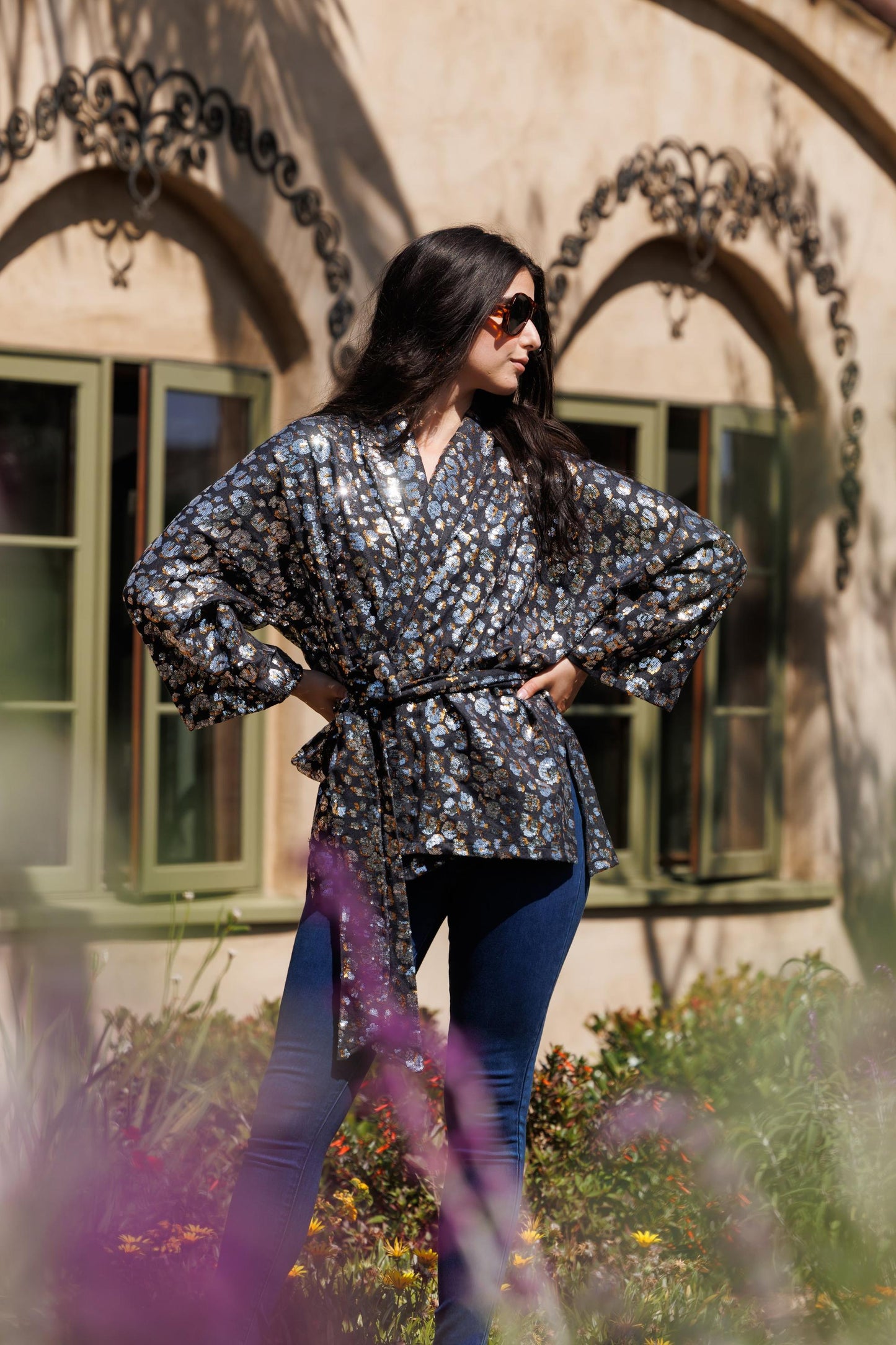 Leopard Sequin Dolman Wrap Kimono Top