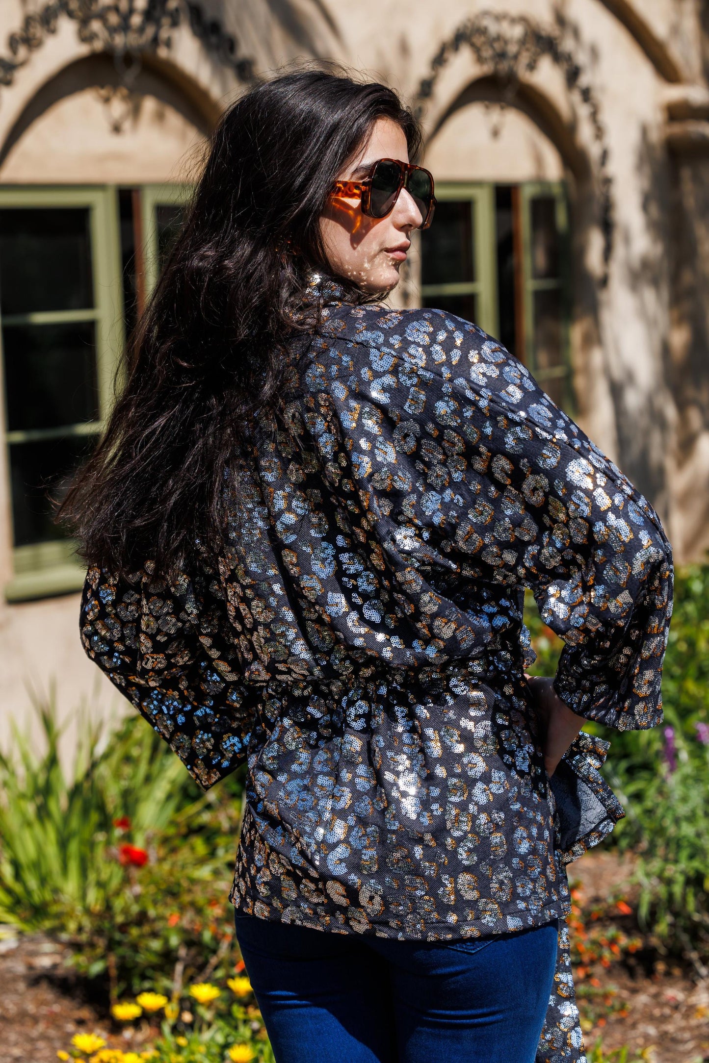 Leopard Sequin Dolman Wrap Kimono Top