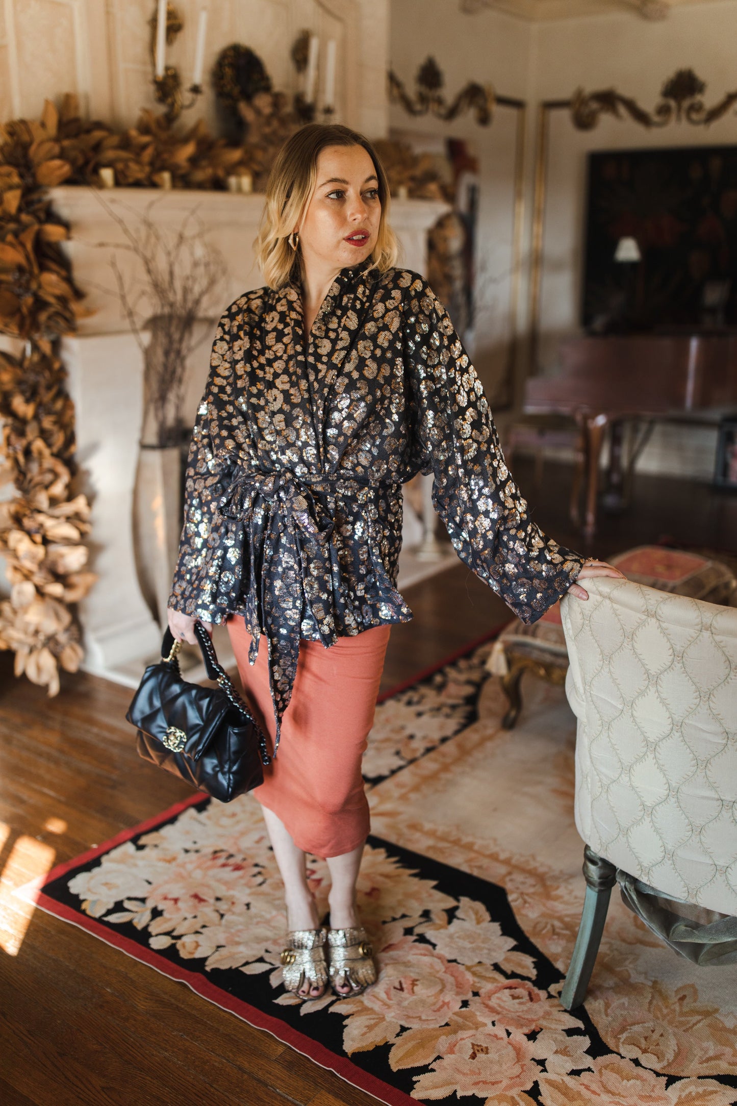 Leopard Sequin Dolman Wrap Kimono Top