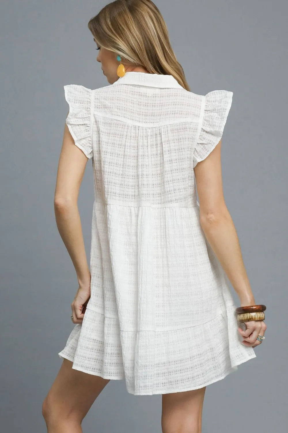 Ruffle Cap Sleeve Textured Mini Dress - Back