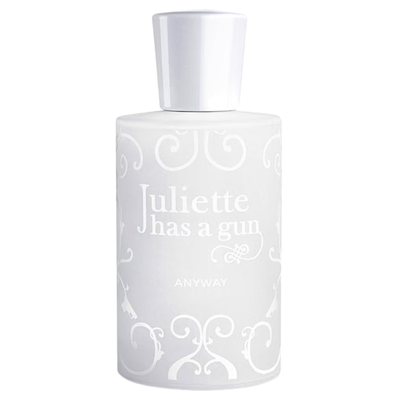 Perfume bottle labeled 'Juliette has a gun Anyway' on a white background