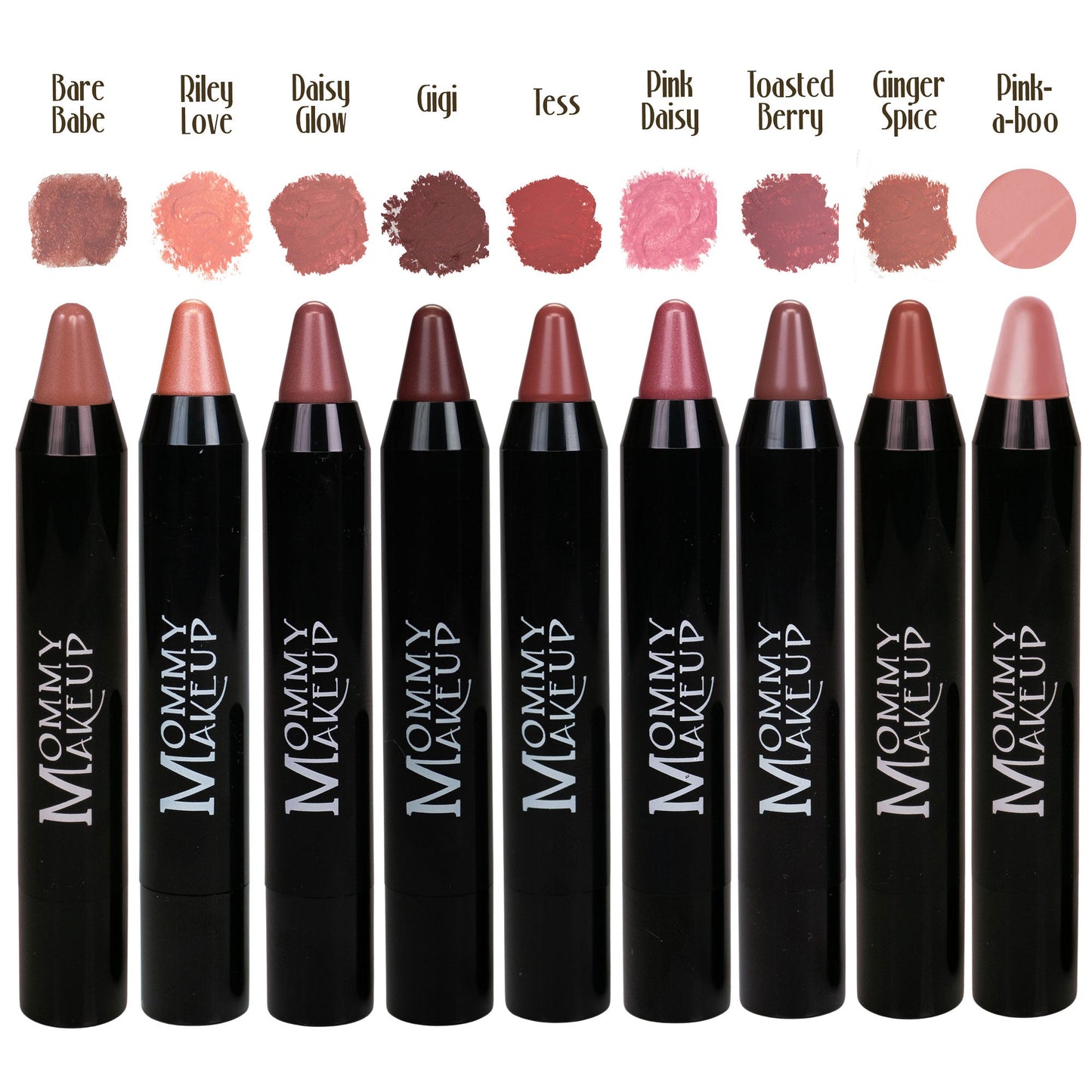 Set of Mommy Makeup lipsticks with color swatches above them on a white background.