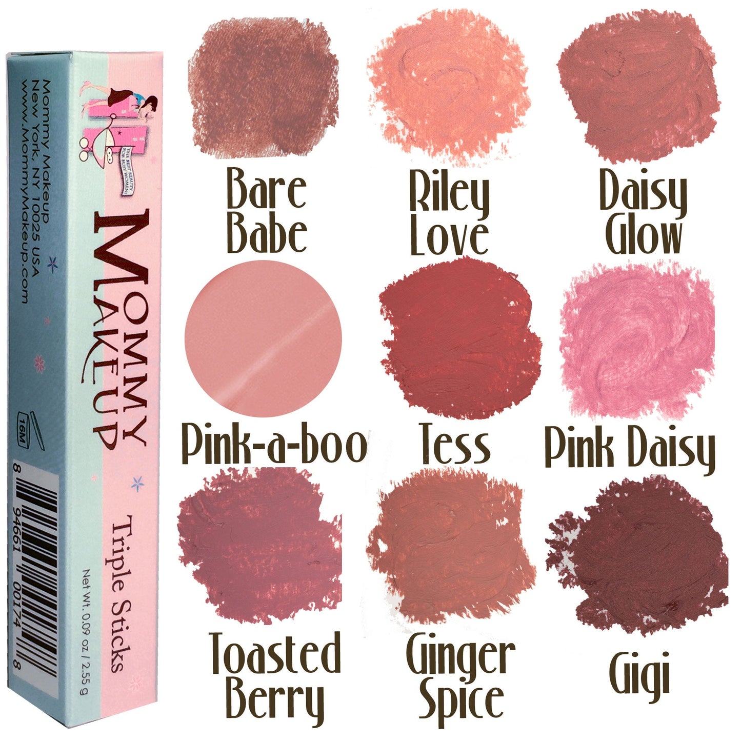 Mommy Makeup triple sticks with color swatches and names on a white background