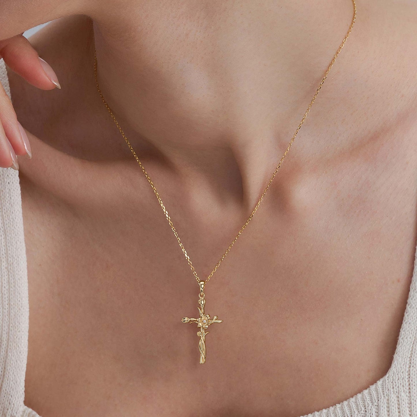 Floral Cross March Daffodils Birth Flower Necklace