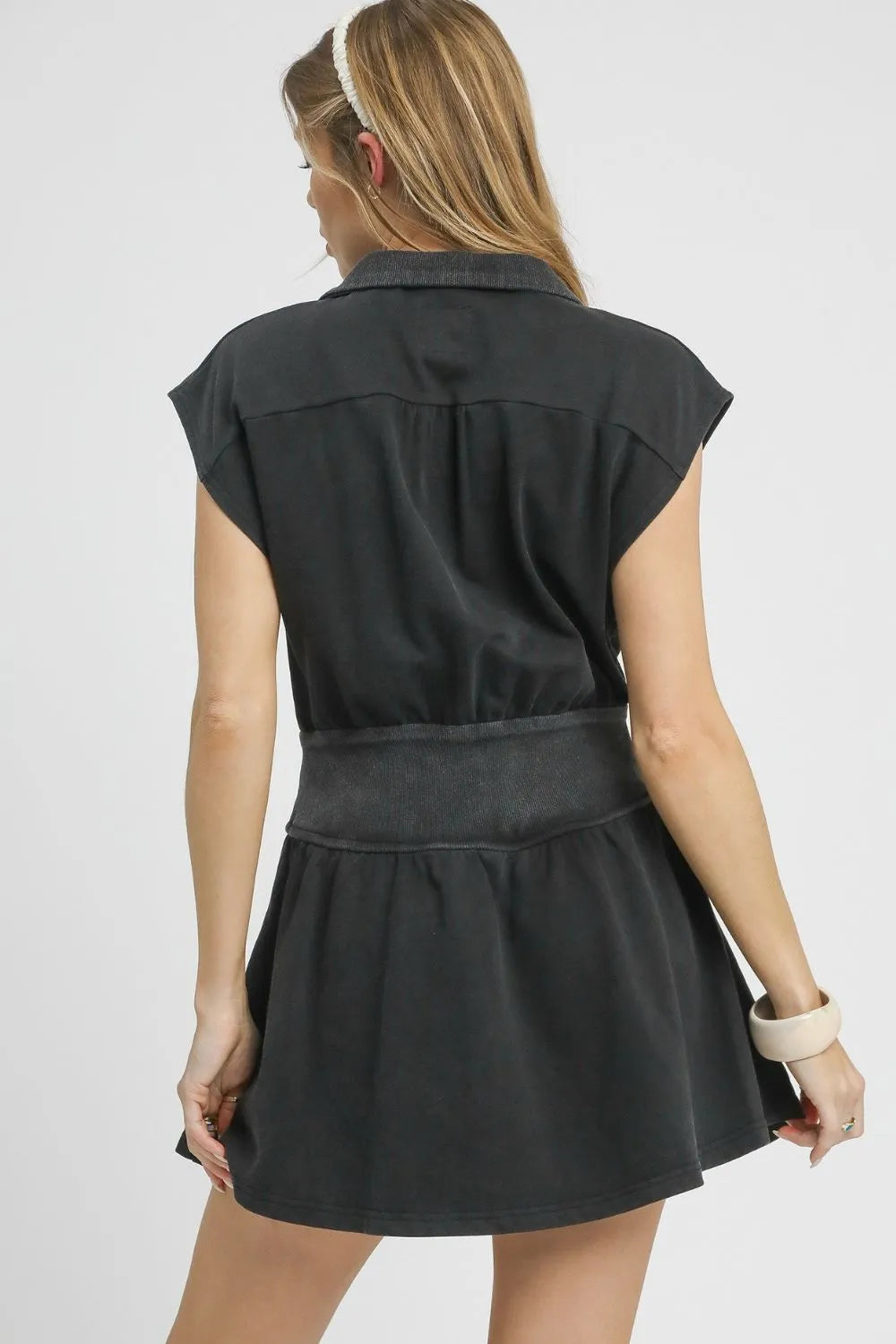 Zip-Front Mini Dress with Tiered Ruffle Skirt - Cotton Blend Cap Sleeve Dress with Elastic Waist Back Shot