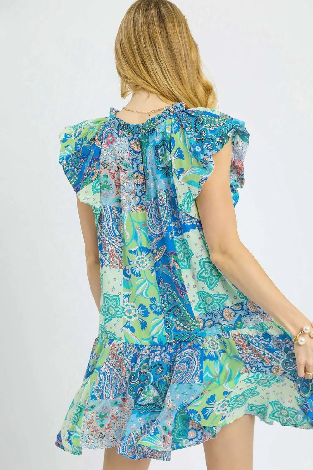 Printed Ruffle Cap Sleeve Mini Dress