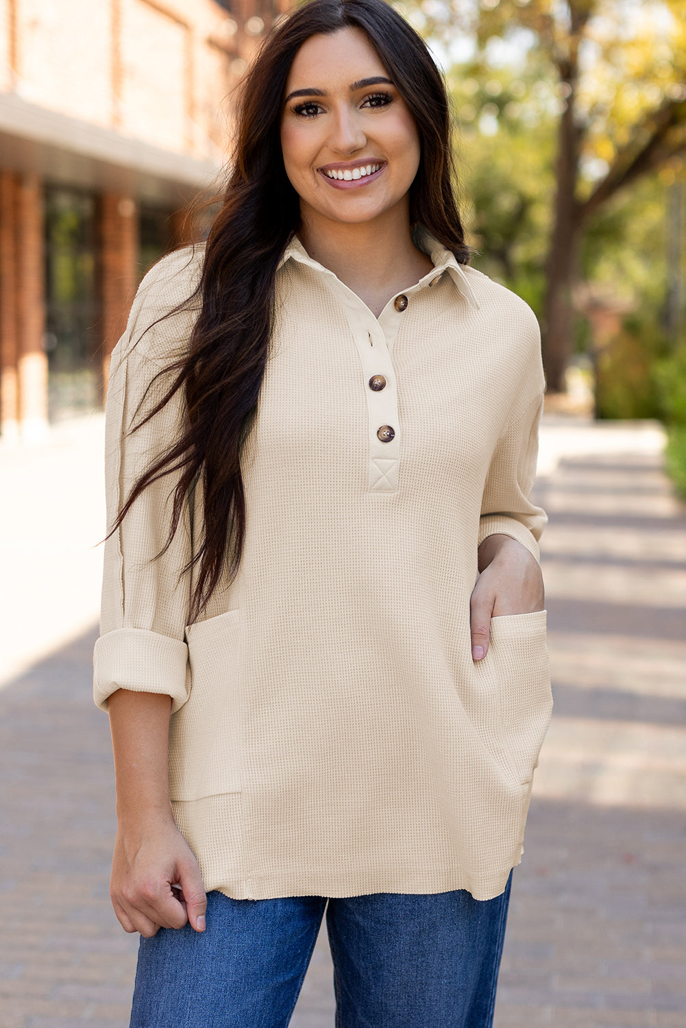 Arianna Waffle Half Button Top.