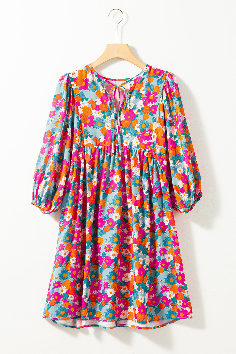 Lena Floral Bubble Sleeve Babydoll Dress - Romantic Sky Blue Mini Dress with Puff Sleeves