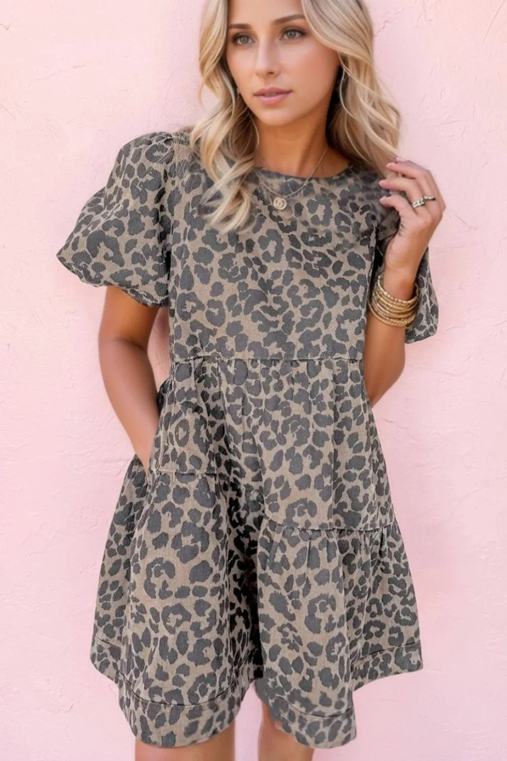 Leopard Round Neck Puff Sleeve Denim Dress