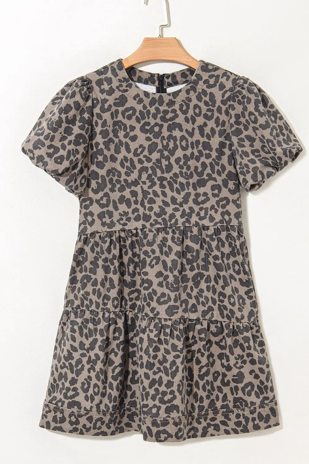Leopard Round Neck Puff Sleeve Denim Dress