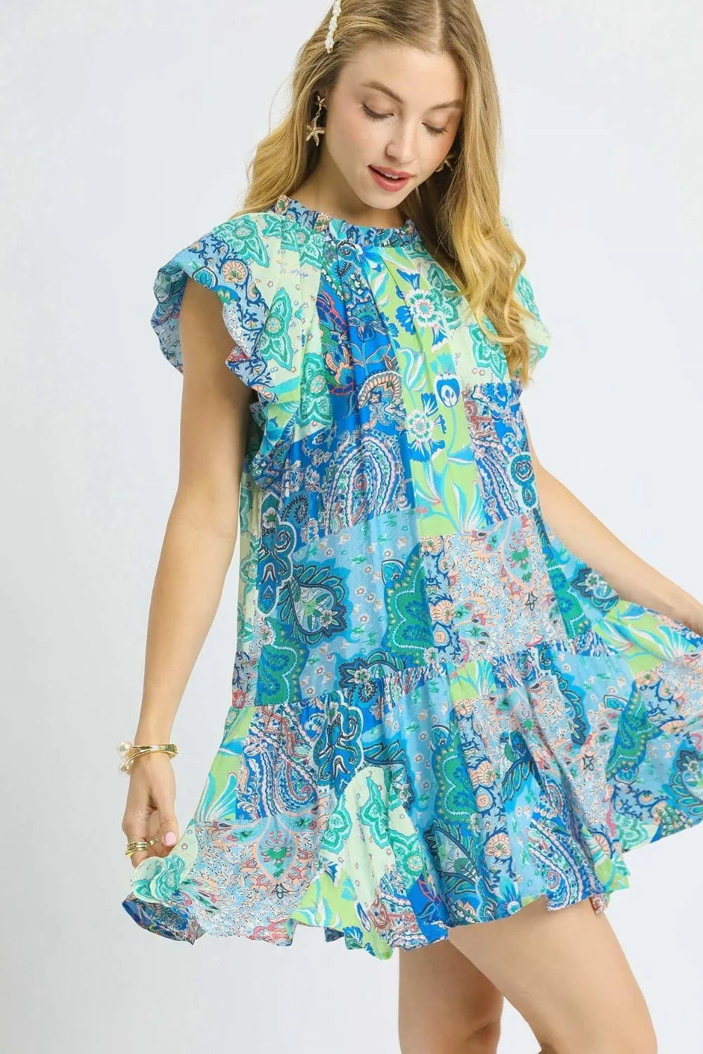Printed Ruffle Cap Sleeve Mini Dress