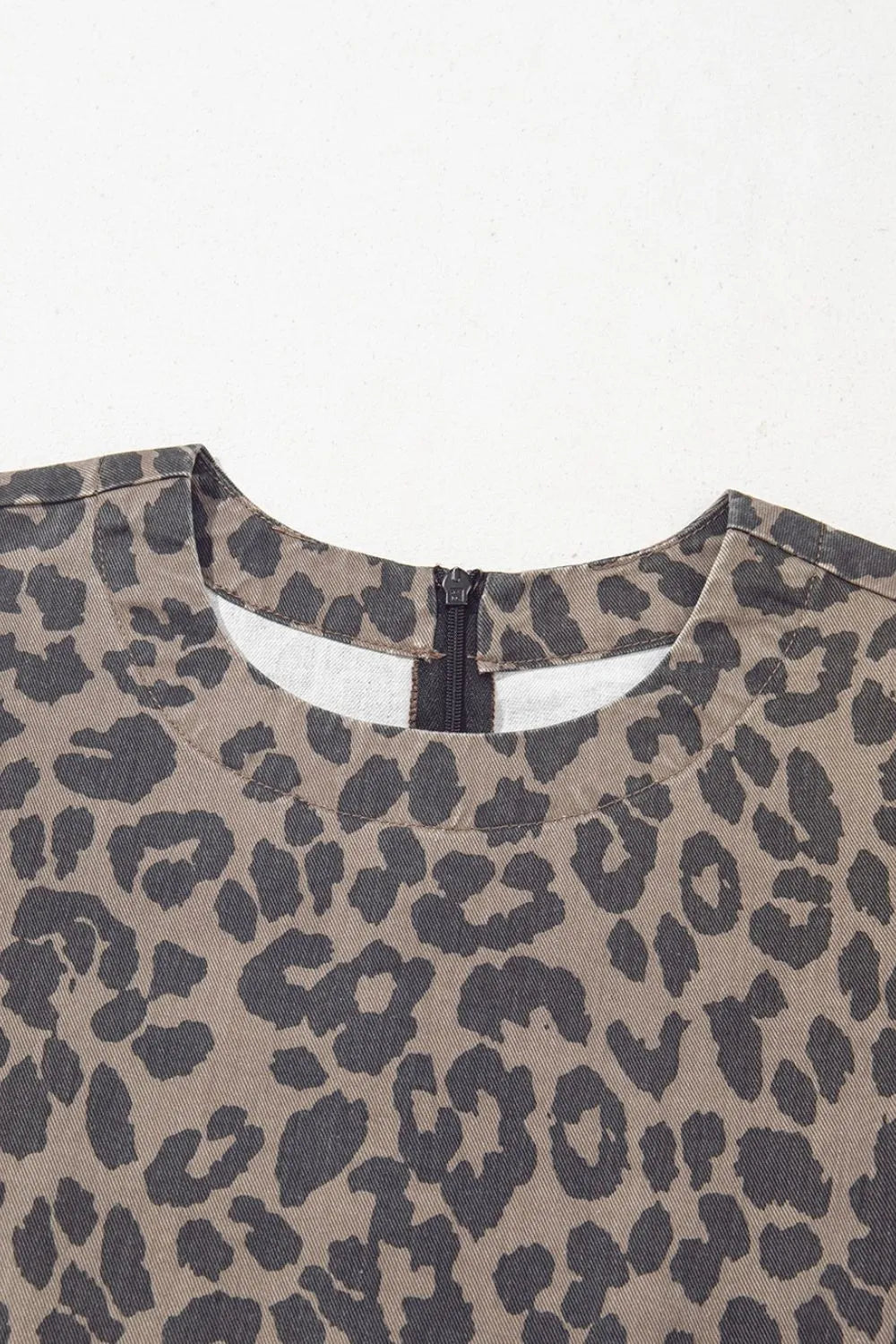 Leopard Round Neck Puff Sleeve Denim Dress