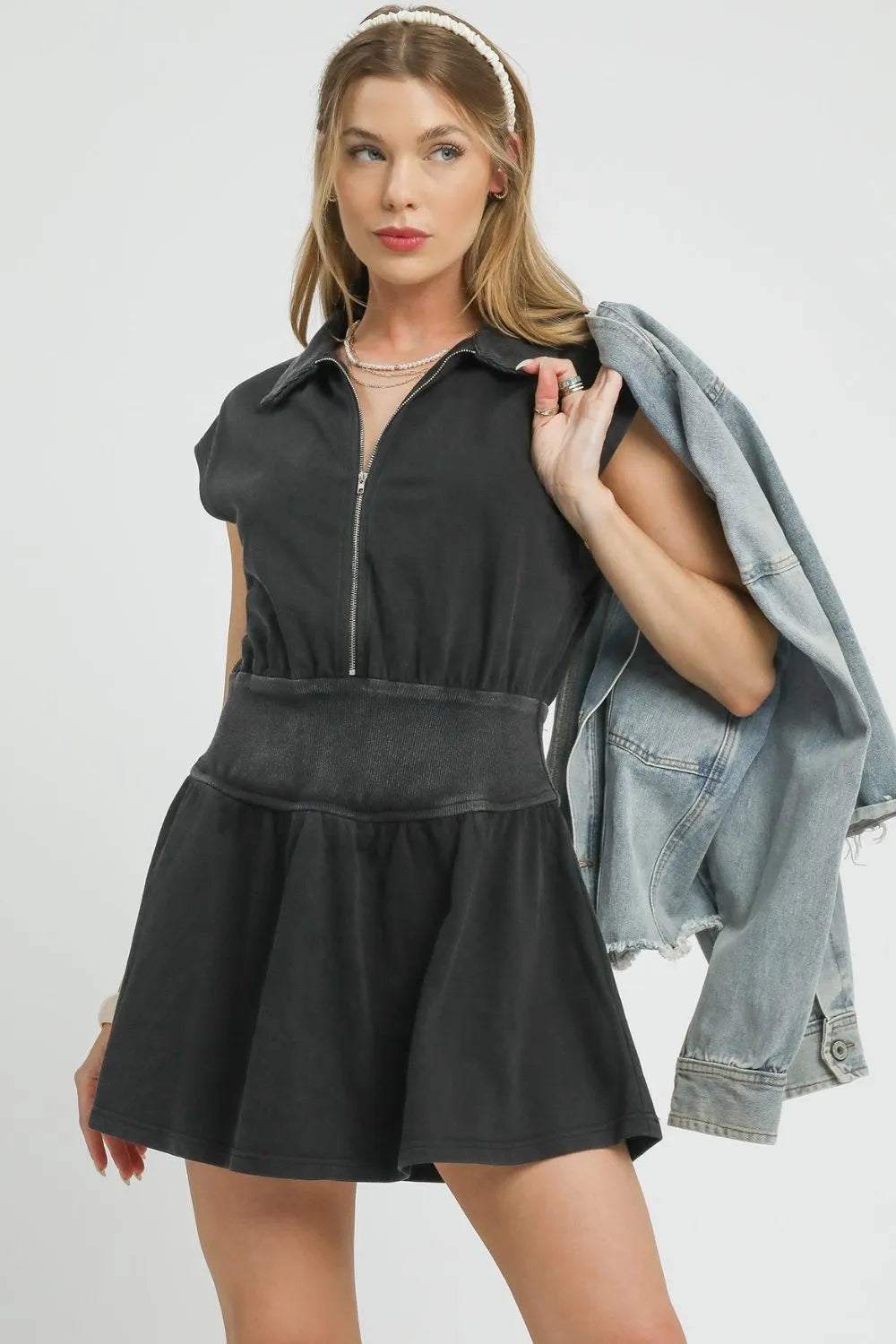 Zip-Front Mini Dress with Tiered Ruffle Skirt - Cotton Blend Cap Sleeve Dress with Elastic Waist