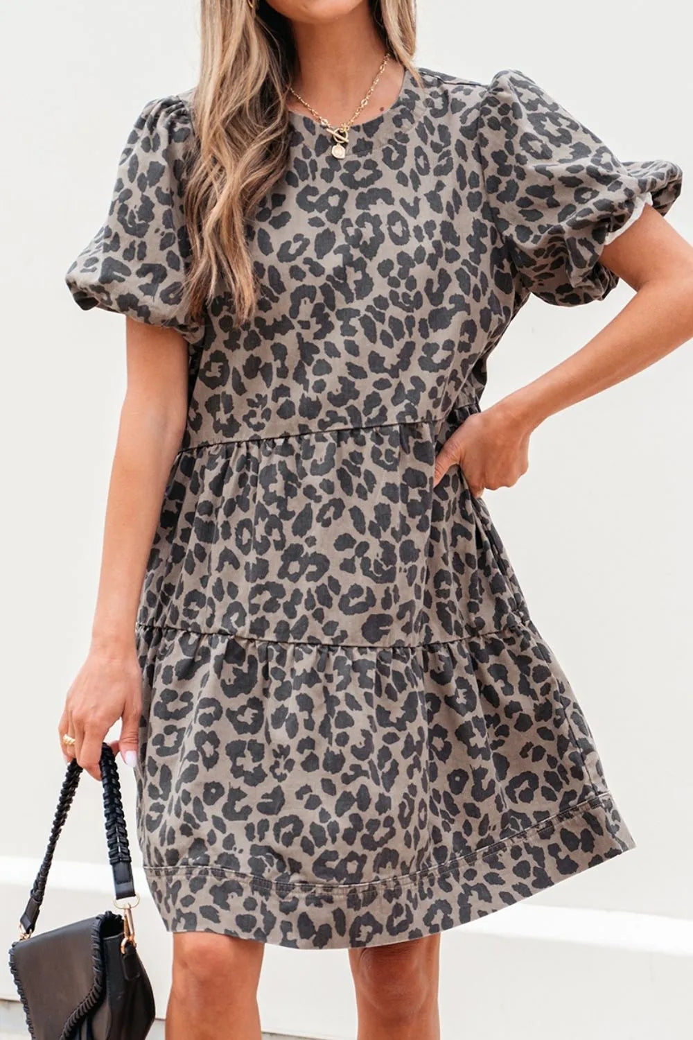 Leopard Round Neck Puff Sleeve Denim Dress
