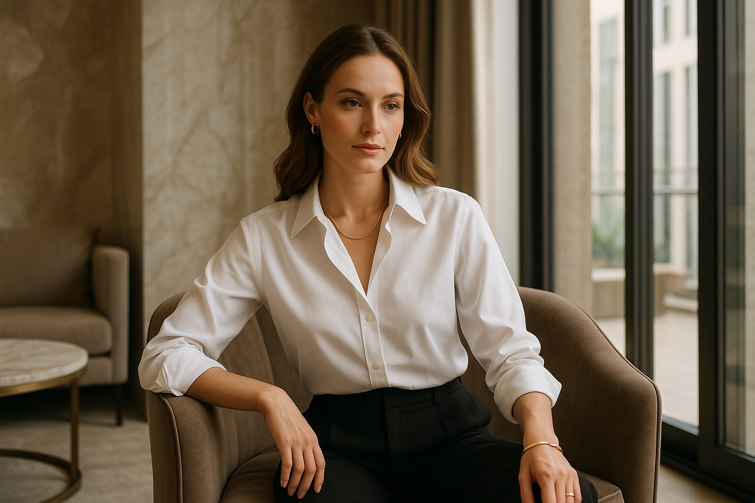 Lifestyle shot of a beautiful woman wearing key essential pieces in a sophisticated setting
