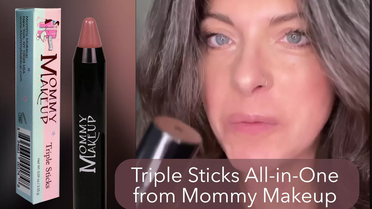 Mommy Makeup triple sticks with packaging and a close-up of a woman applying makeup.