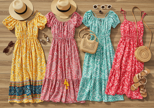 Boutique flat lay of summer dresses and essentials