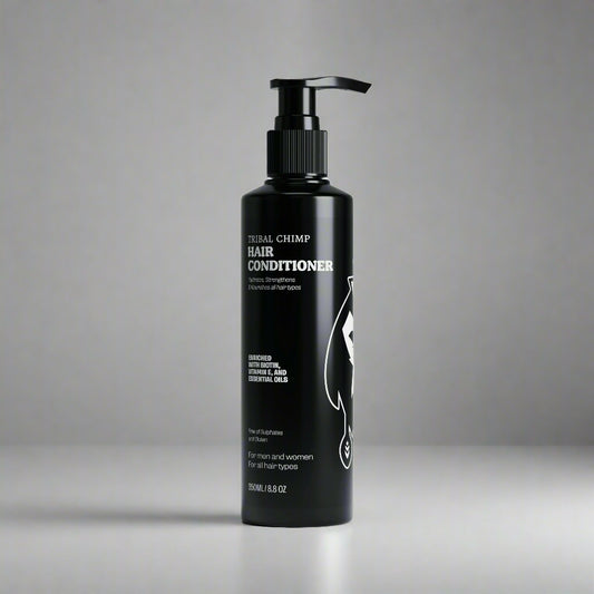 Black hair conditioner bottle with brand logo on a white background