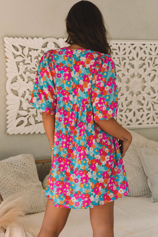 Lena Floral Bubble Sleeve Babydoll Dress - Romantic Sky Blue Mini Dress with Puff Sleeves