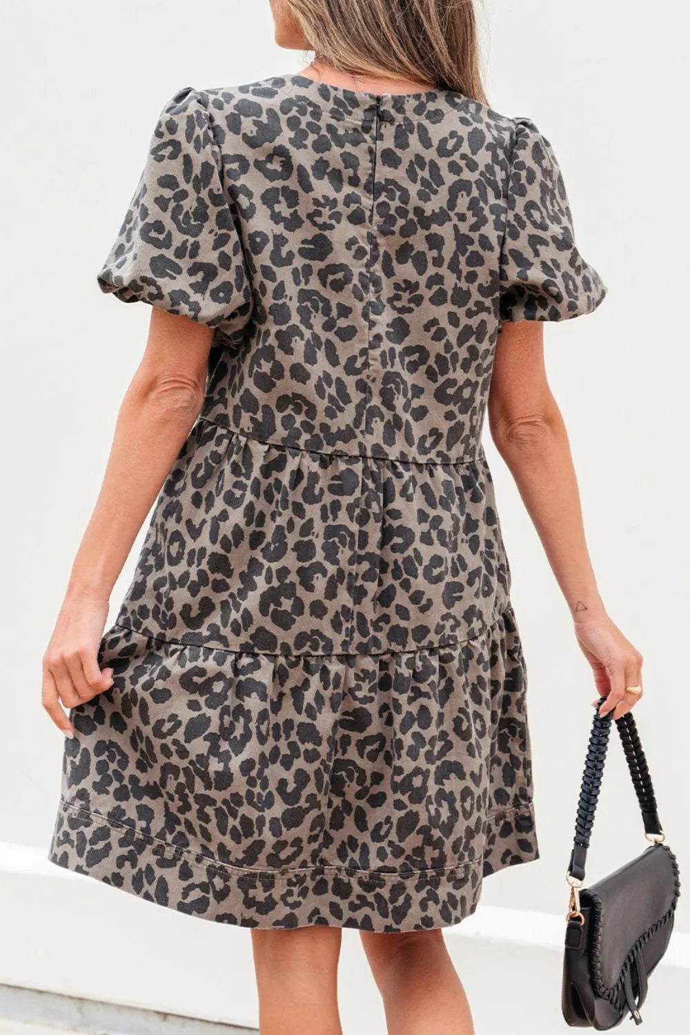 Leopard Round Neck Puff Sleeve Denim Dress