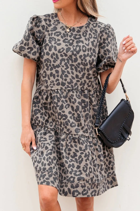Leopard Round Neck Puff Sleeve Denim Dress